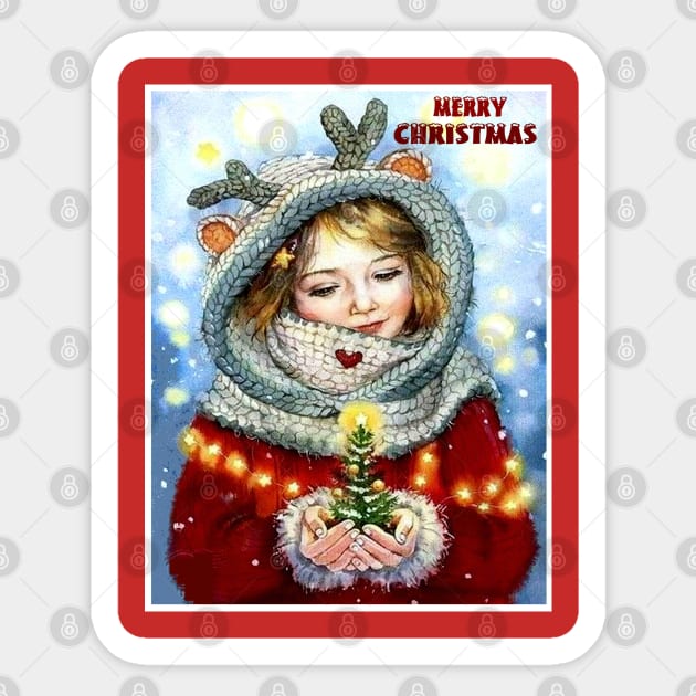 Merry Christmas Young Girl holding a Xmas Tree Vintage Print Sticker by posterbobs